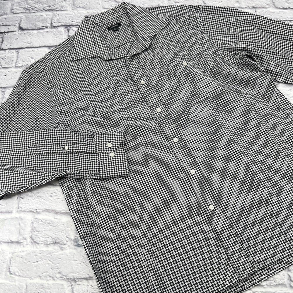 J. Peterman Mens Houndstooth Cotton Wool Blend Long Sleeve Button Up Shirt L